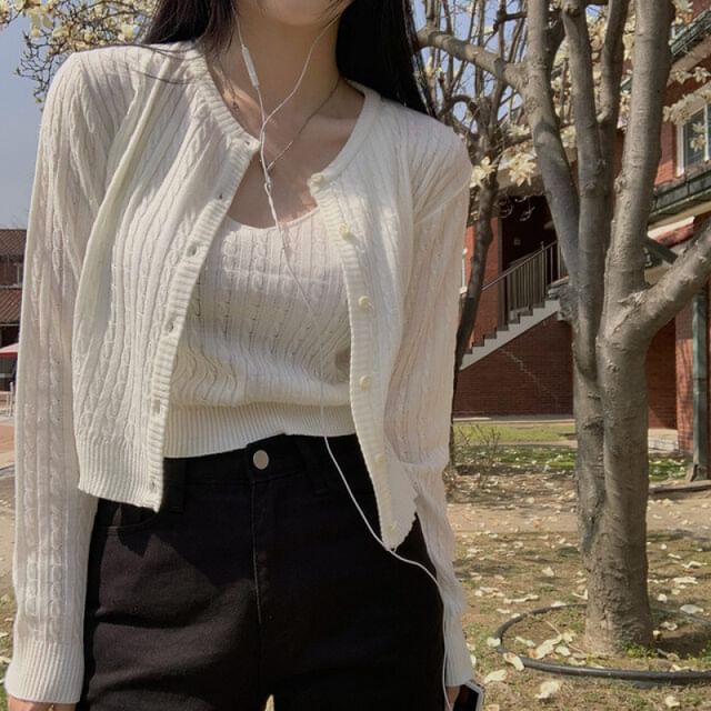 Cable Knit V-Neck Cami & Crewneck Cardigan Two-Piece Set