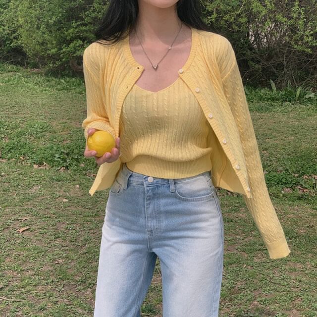 Cable Knit V-Neck Cami & Crewneck Cardigan Two-Piece Set