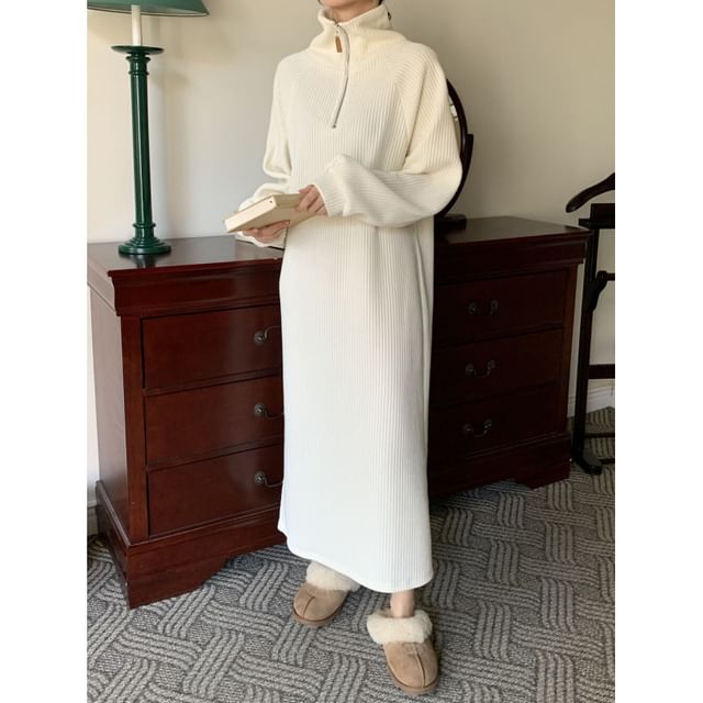 Long Sleeve Stand Collar Plain Half Zip Corduroy Maxi Loose Fit Dress