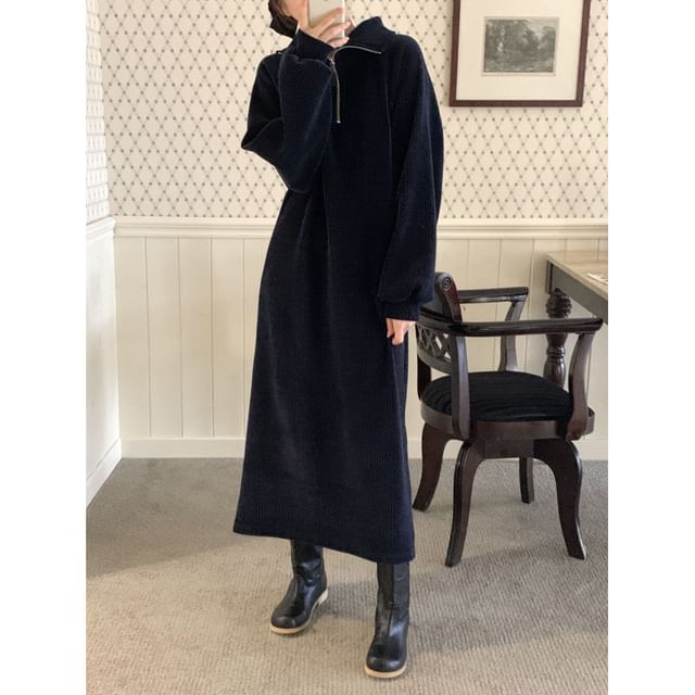 Long Sleeve Stand Collar Plain Half Zip Corduroy Maxi Loose Fit Dress