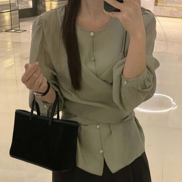 Mock Two-Piece Round Neck Long Sleeve Solid Blouse