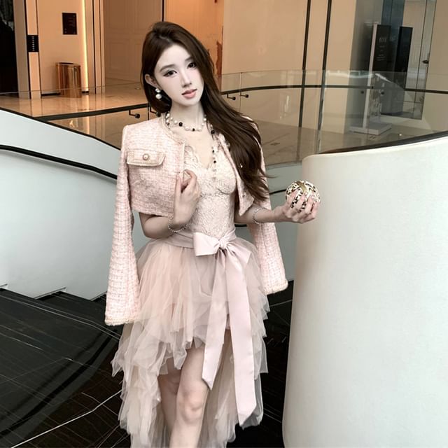 Cap-Sleeve V-Neck Lace Panel Tie Waist Mesh High Low A-Line Dress / Crew Neck Button-Up Tweed Crop Jacket / Set