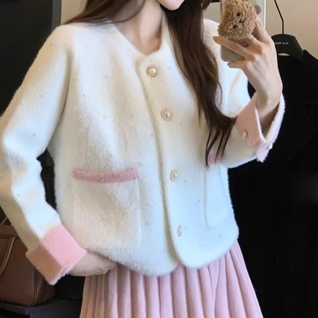 Round Neck Two Tone Beaded Faux Pearl Button Cardigan