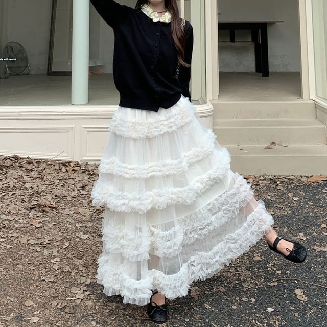 Round Neck Two Tone Ruffle Cardigan / Elastic Waist Plain Tiered Mesh Maxi A-Line Skirt