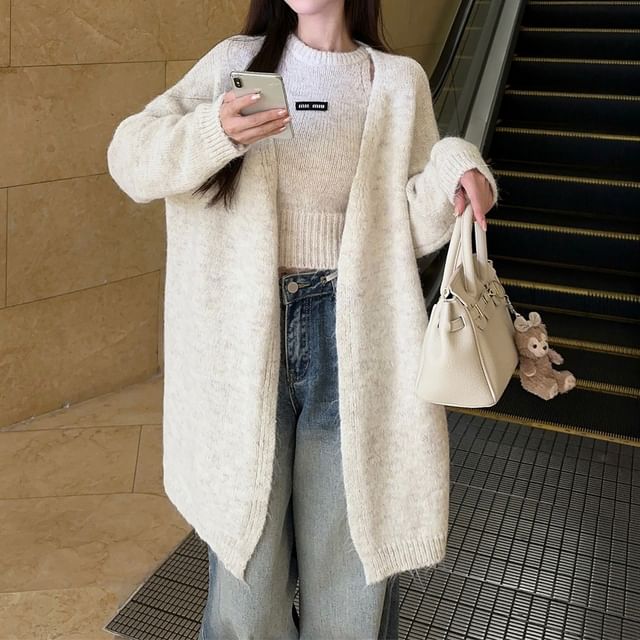 Set: Crew Neck Plain Knit Tank Top + Open Front Cardigan