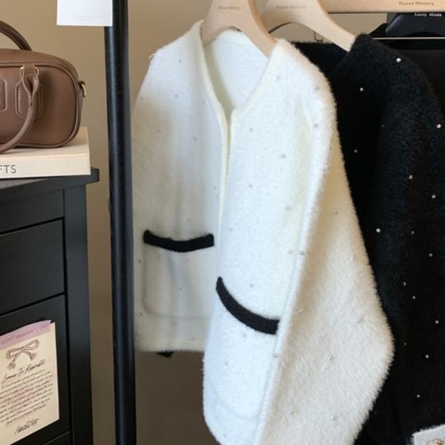 Round Neck Two Tone Beaded Faux Pearl Button Cardigan
