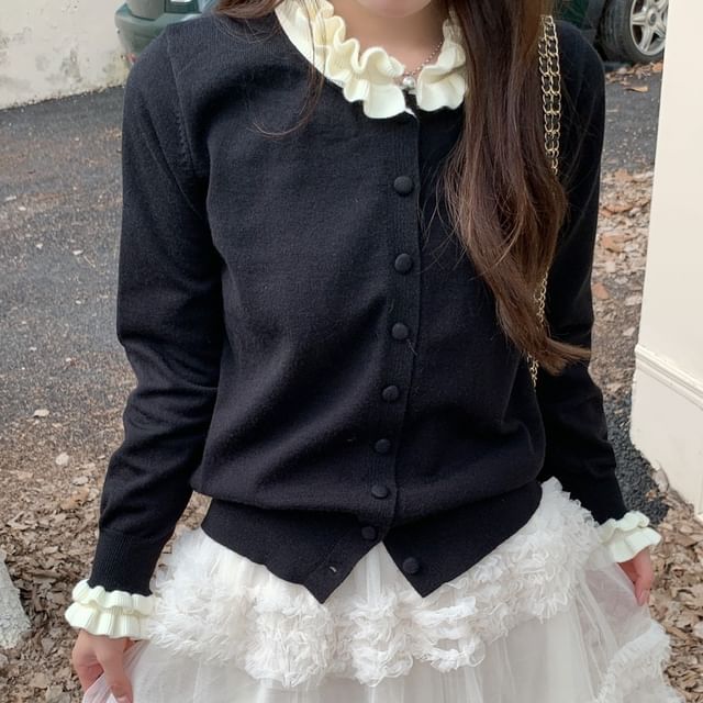 Two Tone Ruffle Cardigan and Tiered Mesh Maxi Skirt