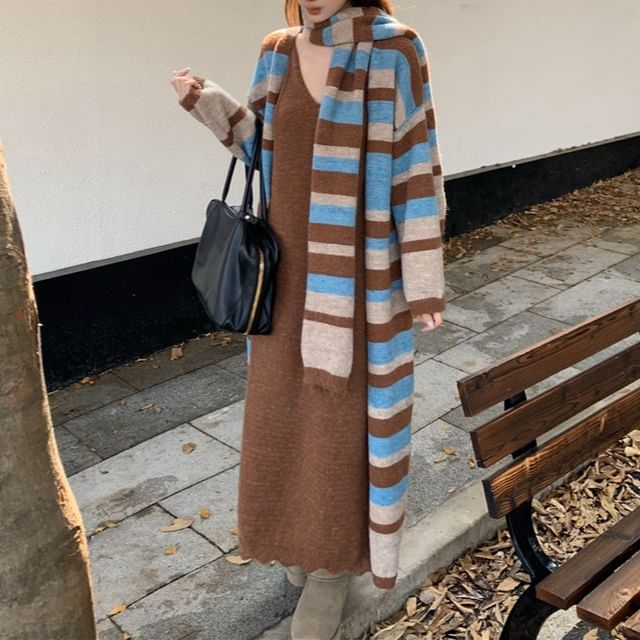 Striped Cardigan / Scarf / V-Neck Plain Knit Maxi A-Line Dress / Set