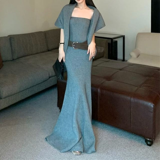Set: Plain Cardigan + Strapless Knit Maxi A-Line Dress