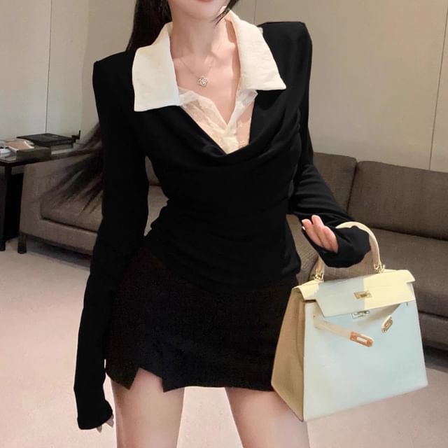 Mock Two-Piece Collar Lace Panel Slim Fit Long-Sleeve T-Shirt