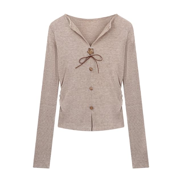 Ribbed V-Neck Button Slim Fit Long-Sleeve T-Shirt
