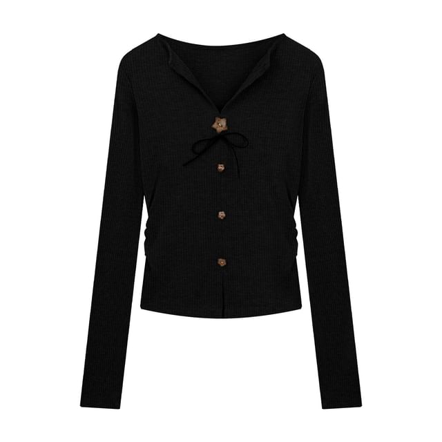 Ribbed V-Neck Button Slim Fit Long-Sleeve T-Shirt