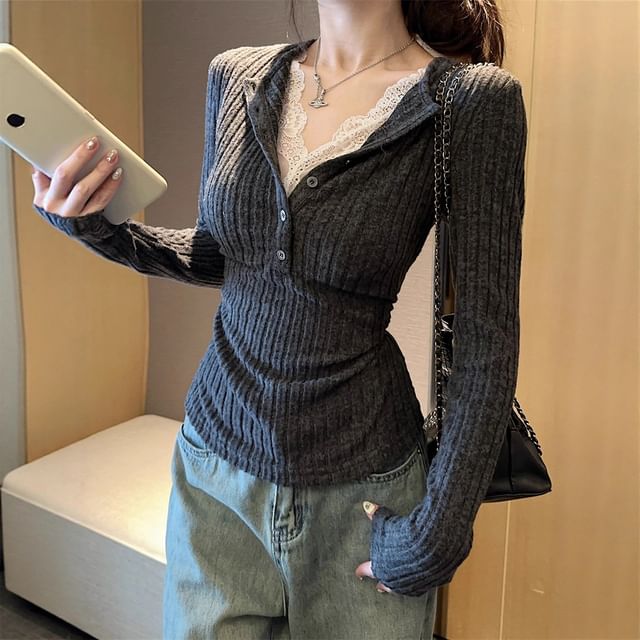 Mock Two-Piece Henley Melange Lace Panel Ribbed Slim Fit Long-Sleeve T-Shirt