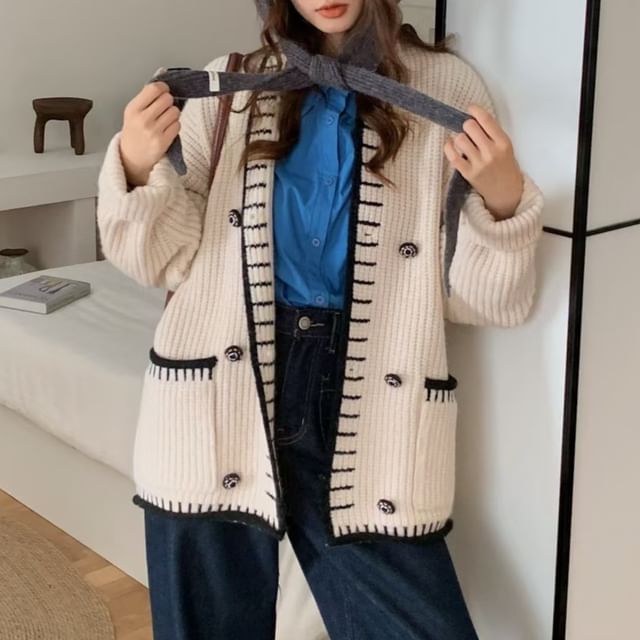Shawl Collar Two Tone Double Breasted Cardigan