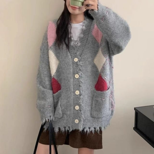 V-Neck Argyle Distressed Cardigan