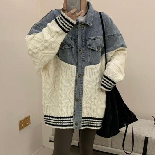 Collared Striped Washed Cable Knit Panel Denim Button Cardigan