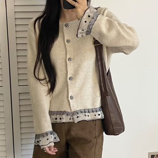 Round Neck Dotted Plaid Panel Mesh Ruffle Cardigan