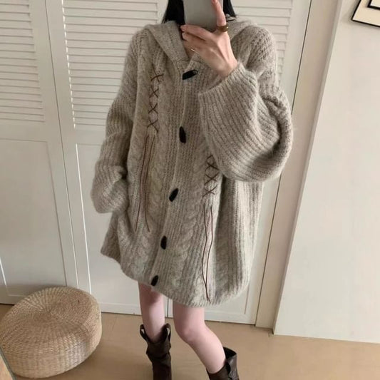 Plain Lace Up Hood Cable Knit Toggle Cardigan