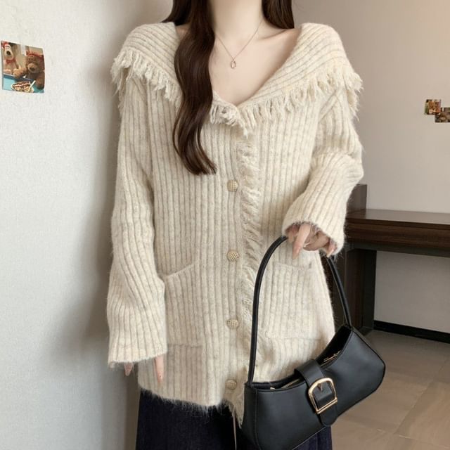 Collared Plain Fringe Ribbed Cardigan