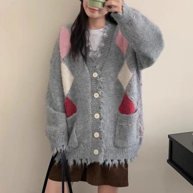 V-Neck Argyle Distressed Cardigan