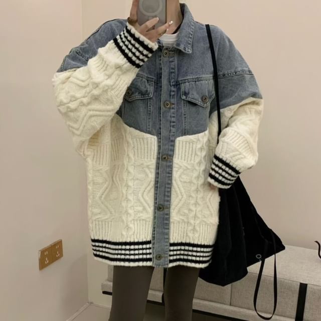 Collared Striped Washed Cable Knit Panel Denim Button Cardigan