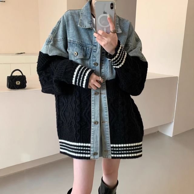 Collared Striped Washed Cable Knit Panel Denim Button Cardigan