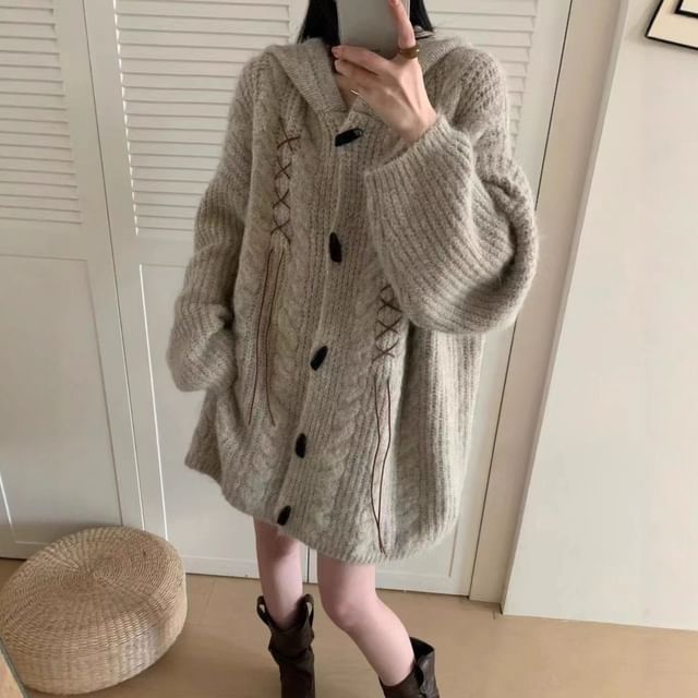 Plain Lace Up Hood Cable Knit Toggle Cardigan