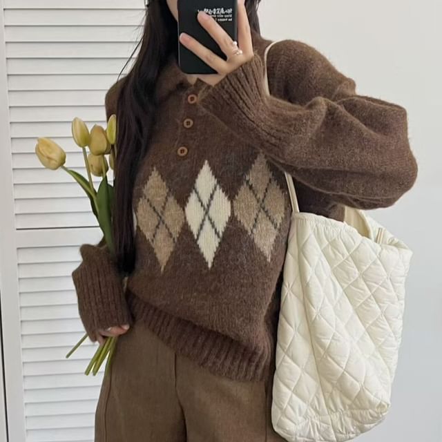 Diamond Jacquard Polo Sweater