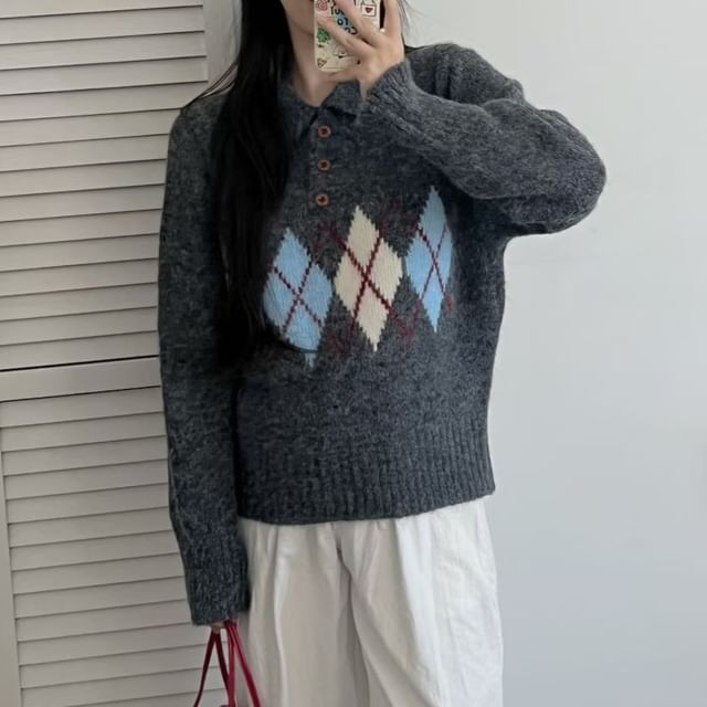 Diamond Jacquard Polo Sweater