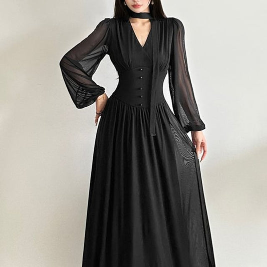 Set: Long-Sleeve V-Neck Plain Maxi A-Line Dress + Skinny Scarf