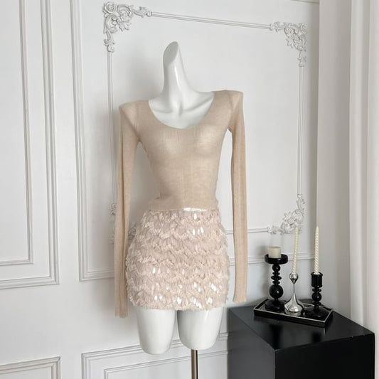 V-Neck Long Sleeve Knit Top and Sequin Mini Skirt Set