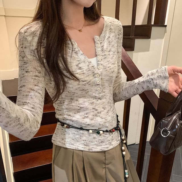 Melange Knit Henley Top with Notch Neck & Long Sleeves