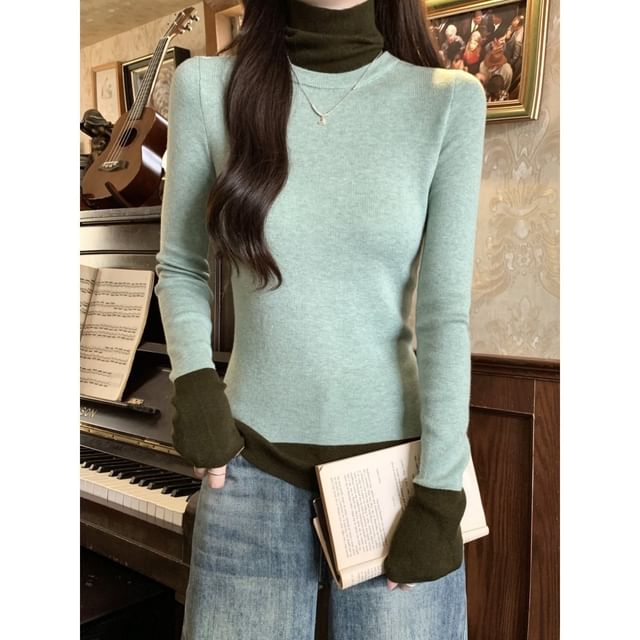 Long Sleeve Turtleneck Two-Tone Knit Shirt