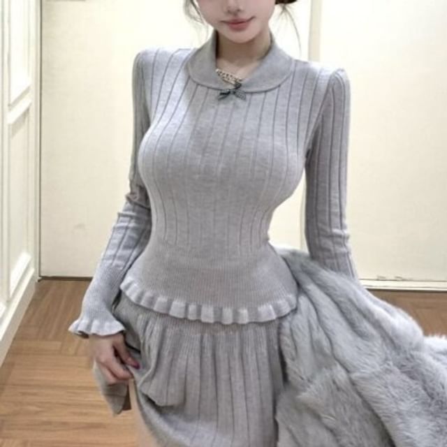 Long Sleeve Collar Melange Ribbed Knit Top & High Rise Mini A-Line Skirt