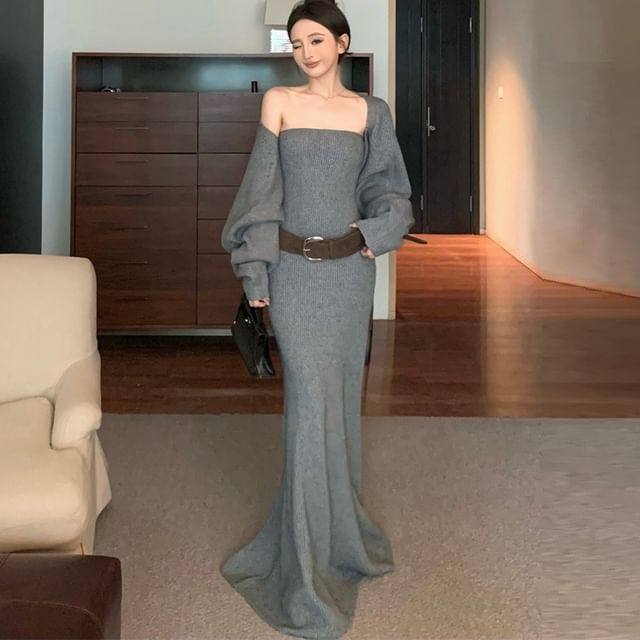 Strapless Plain Ribbed Maxi Mermaid Knit Dress / Open Front Cardigan / Belt / Set