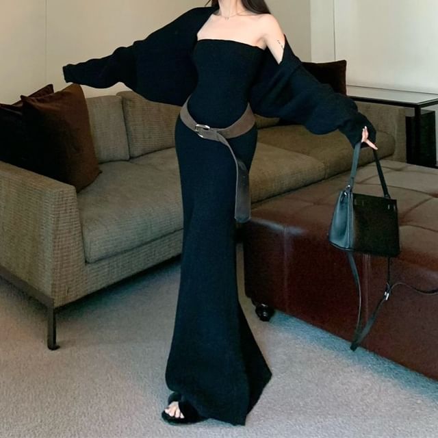 Strapless Plain Ribbed Maxi Mermaid Knit Dress / Open Front Cardigan / Belt / Set
