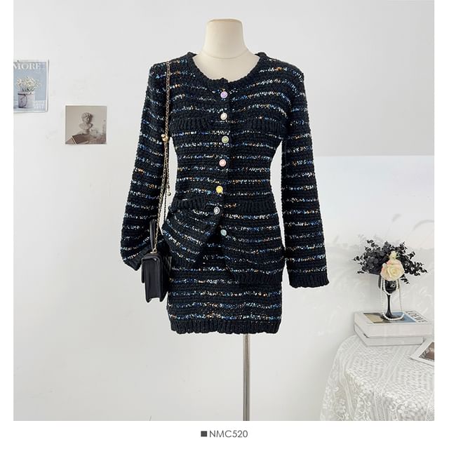 Set: Long Sleeve Striped Tweed Jacket + High Waist Mini Skirt