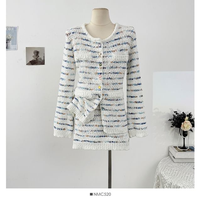 Set: Long Sleeve Striped Tweed Jacket + High Waist Mini Skirt