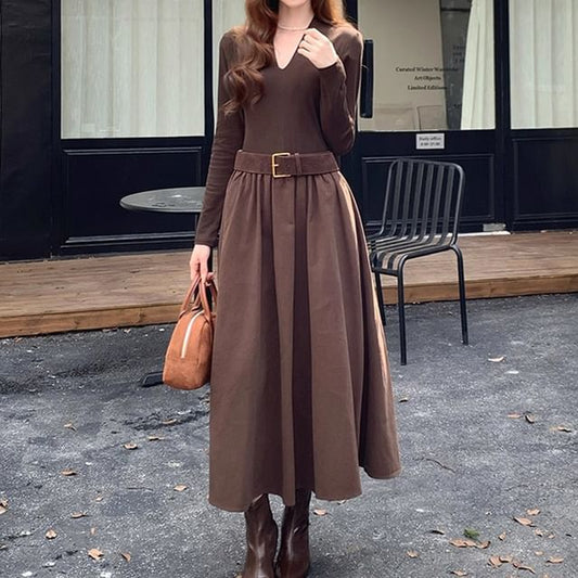 Long Sleeve V-Neck Belted Panel Maxi A-Line Dress