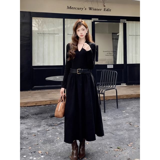 Long Sleeve V-Neck Belted Panel Maxi A-Line Dress