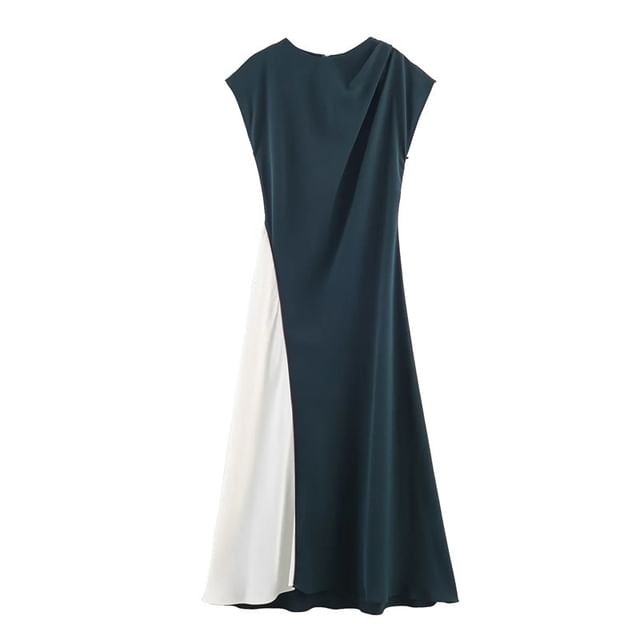 French Sleeve Round Neck Two Tone Panel Maxi A-Line Dress
