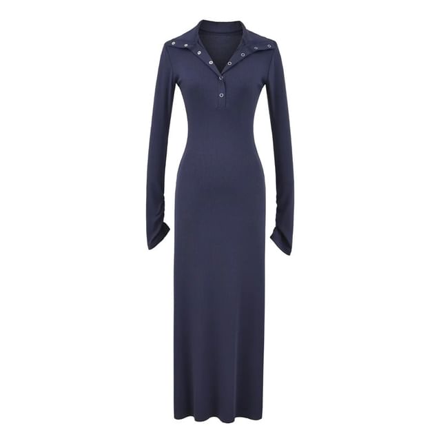 Long Sleeve Mock Neck Henley Plain Maxi A-Line Dress