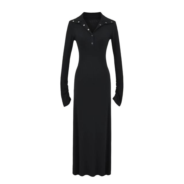 Long Sleeve Mock Neck Henley Plain Maxi A-Line Dress