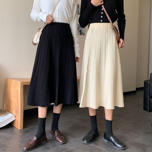 Elastic Waist Cable Knit Midi A-Line Skirt
