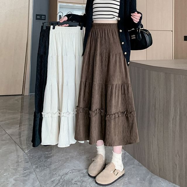 Ruffle Trim Tiered Corduroy Midi A-Line Skirt Elastic Waist