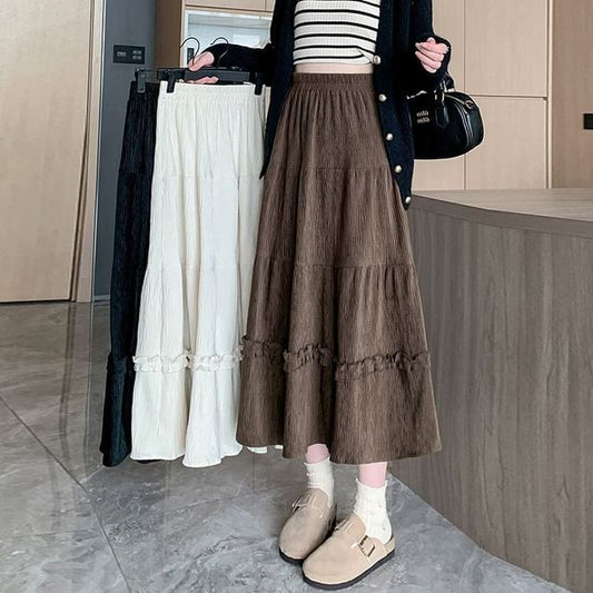 Ruffle Trim Tiered Corduroy Midi A-Line Skirt Elastic Waist