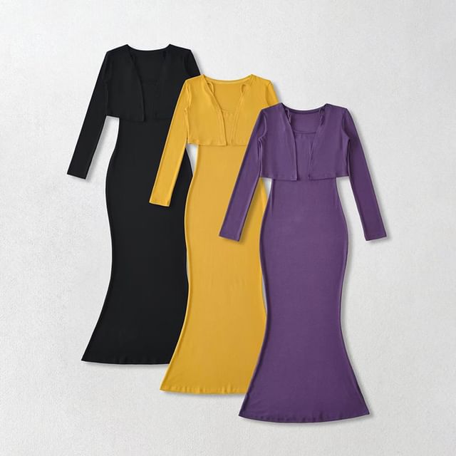 Set: Spaghetti Strap Plain Midi Maxi Mermaid Dress + Cropped Open Front Cardigan