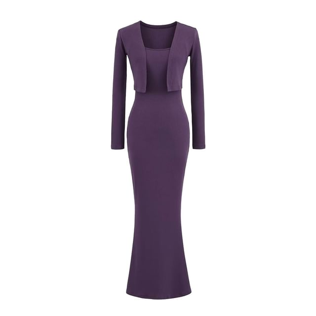 Set: Spaghetti Strap Plain Midi Maxi Mermaid Dress + Cropped Open Front Cardigan