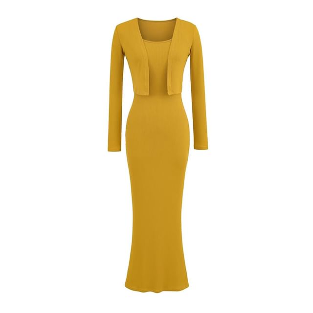 Set: Spaghetti Strap Plain Midi Maxi Mermaid Dress + Cropped Open Front Cardigan
