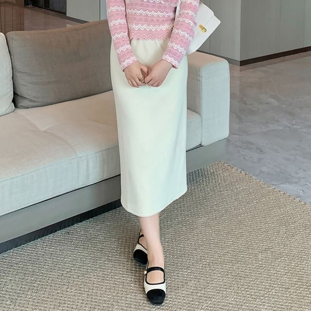Slit Midi Straight Skirt High Rise Plain